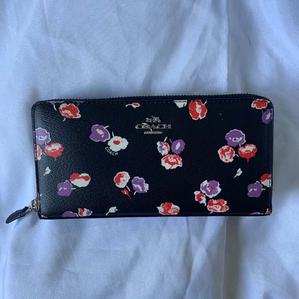 Coach Long Zip Around Wallet - Black with Floral Print